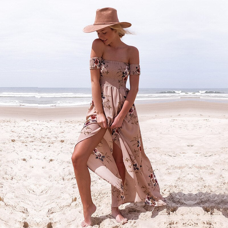 Maxivestido dama straples y tajo